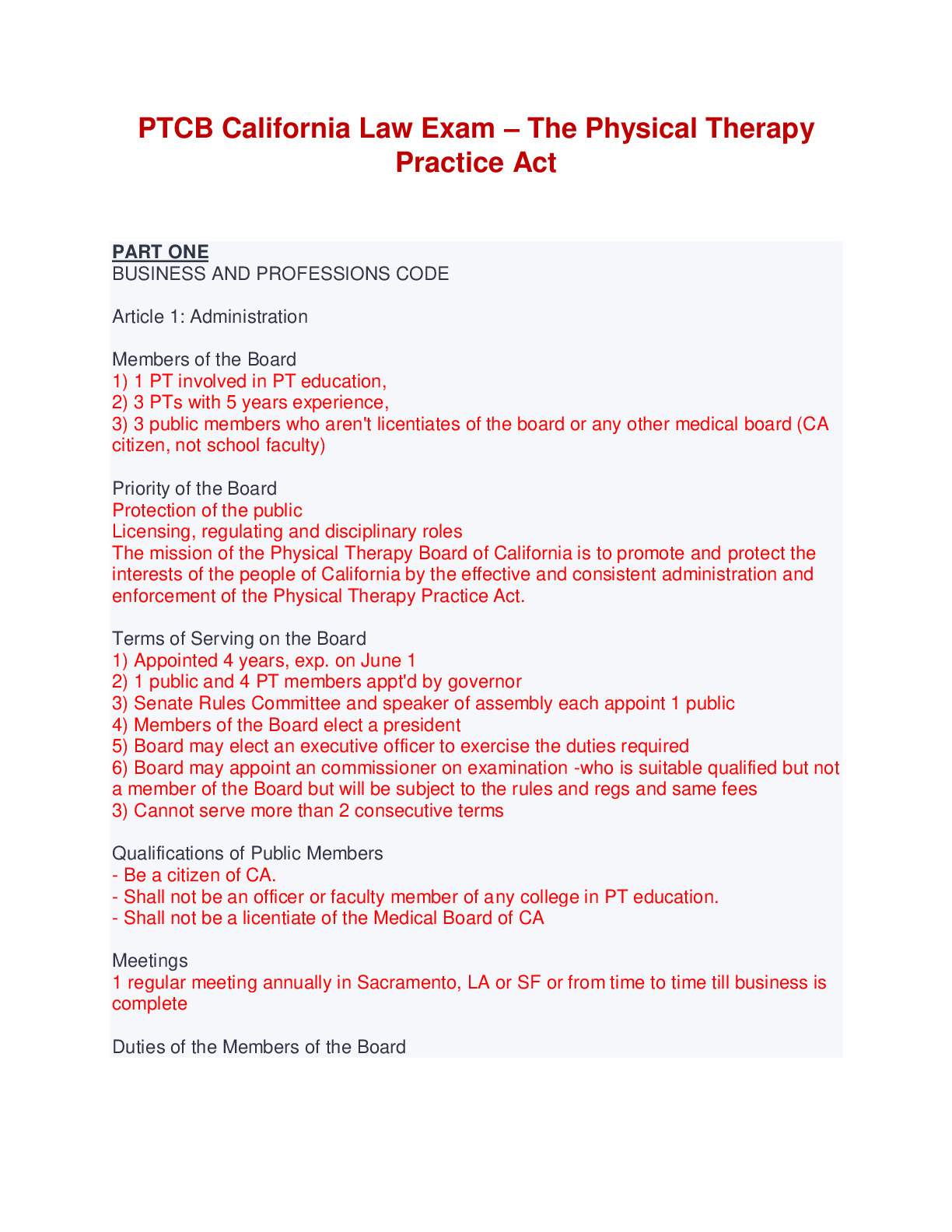 2023 PTCB California Law Exam The Physical Therapy Practice Act